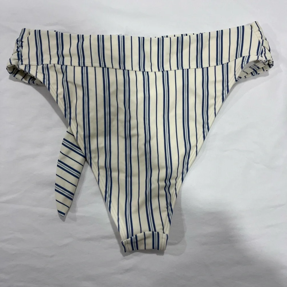Abercrombie & Fitch High Waisted Bikini Bottoms Ivory Blue Stripe Size Medium